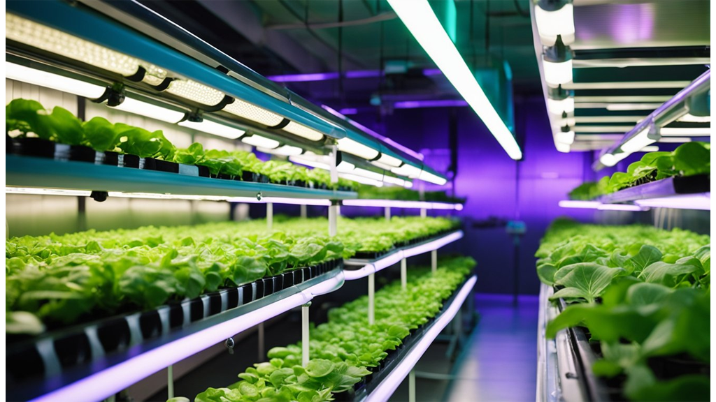 purple lighting hydroponics grow rows