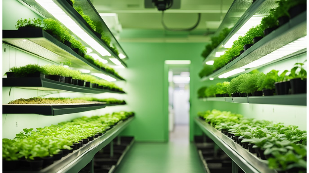leafy green rows on shelves